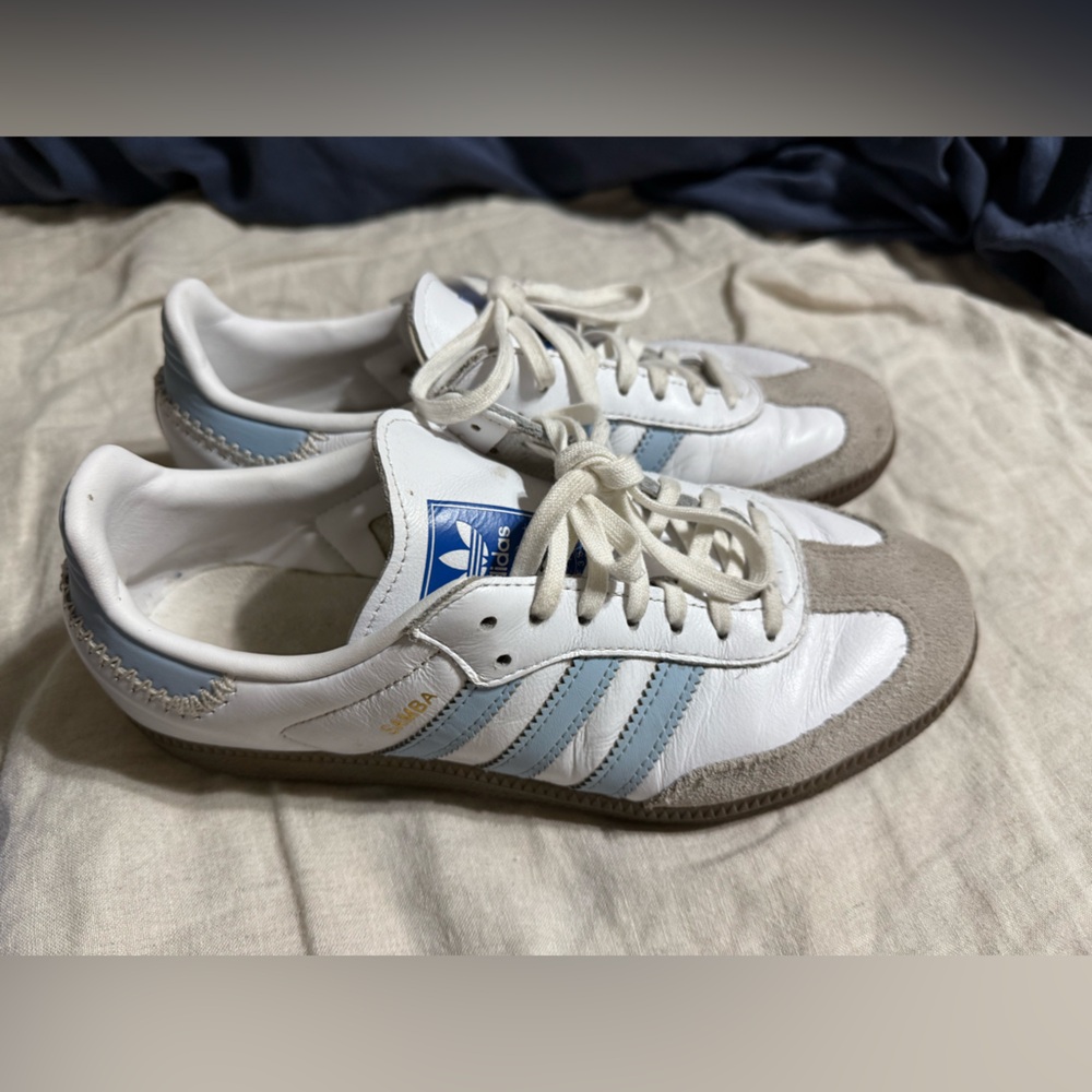 Adidas White and Light Blue Classic Sneakers